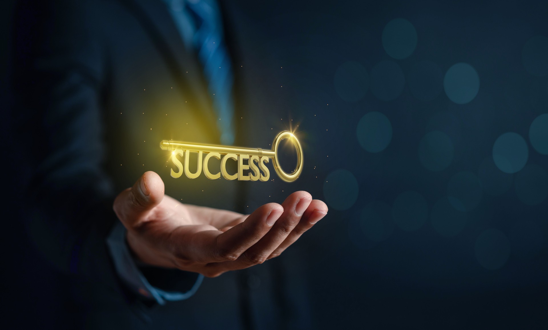 Businessman holding gold key success business planning and strategy creative smart thinking ideas and innovation concept.
