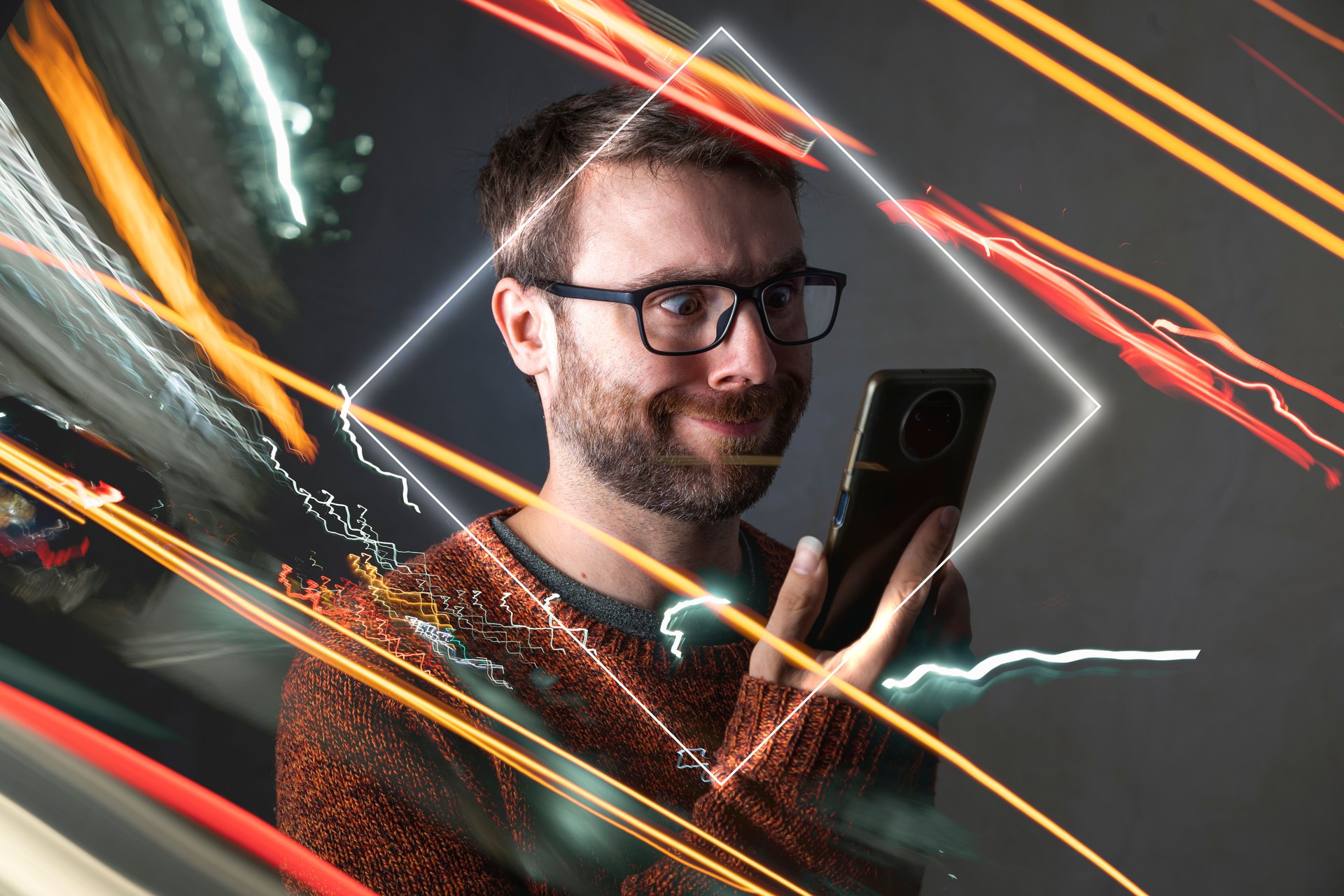 A man in the metaverse, confused, while looking at his smartphone