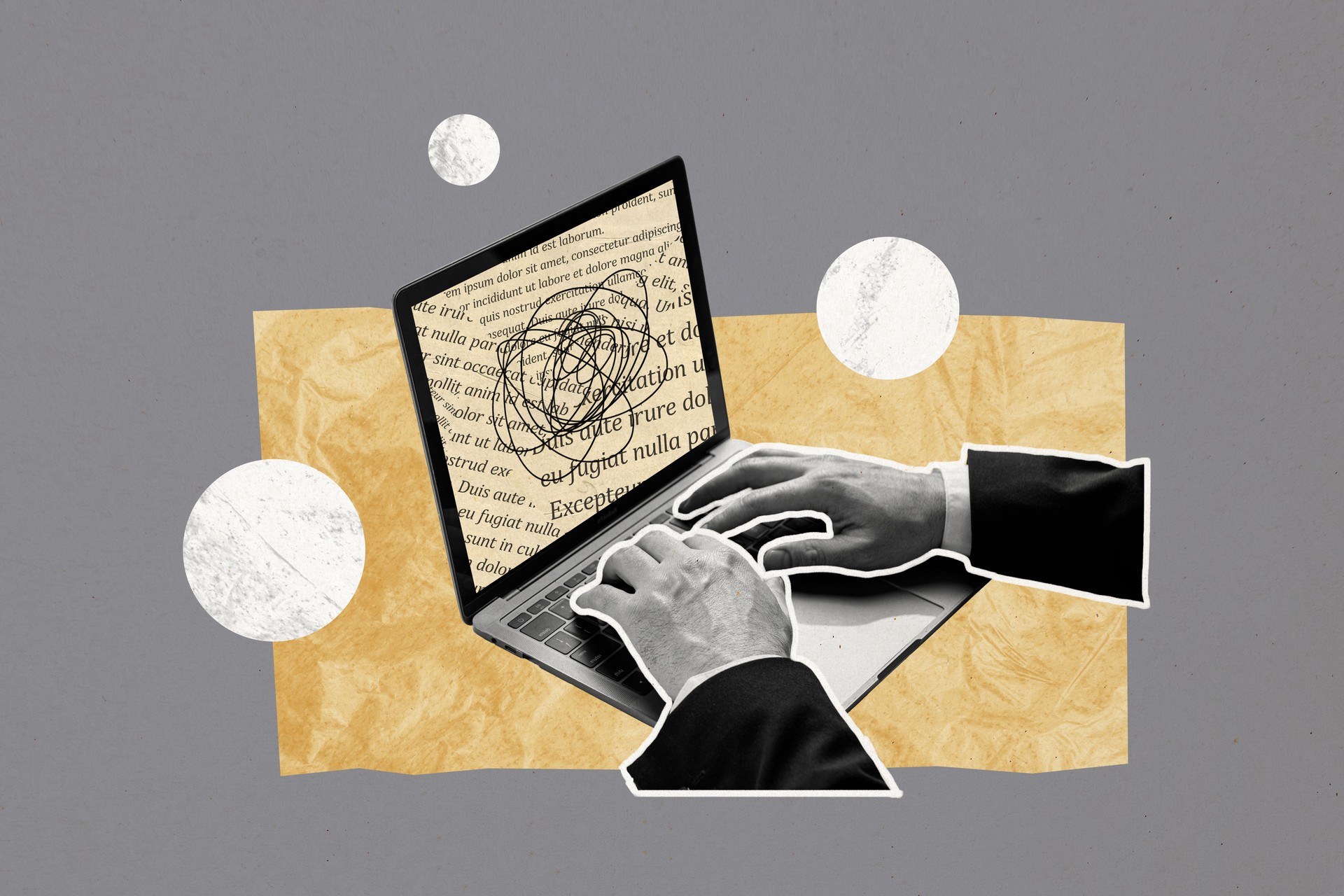 Composite photo collage of hand type macbook office equipment author work article text screen publisher isolated on painted background